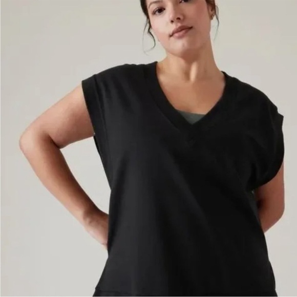 Athleta Black Retroterry V Neck Sweatshirt Tee - Picture 1 of 8